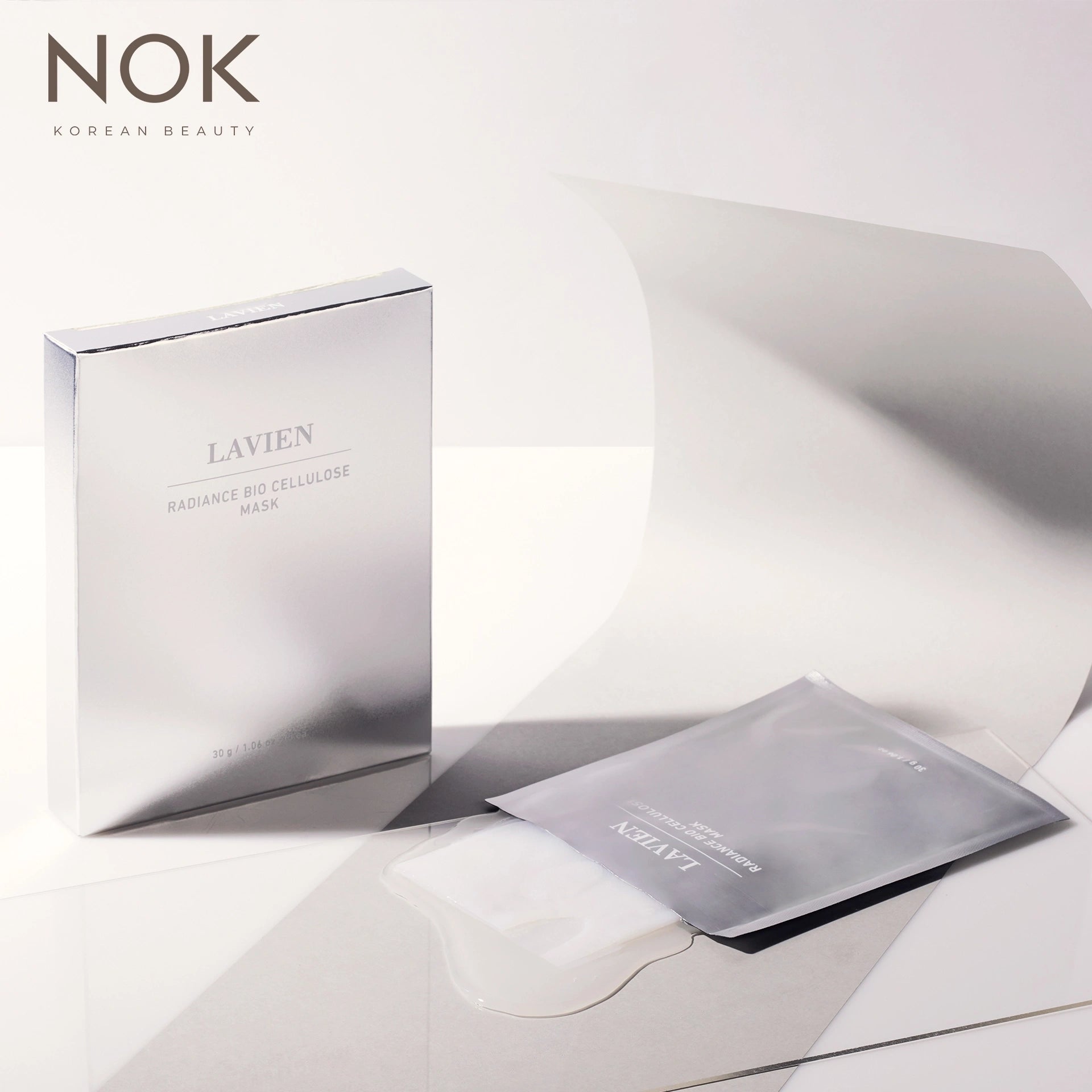 LAVIEN Radiance Bio Cellulose Sheet Mask – K-beauty powered by NOK Beauty, designed to lift dull skin, boost glow, and deeply moisturize in 20 minutes